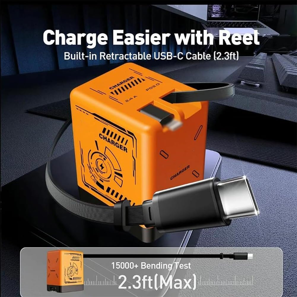 2-in-1 GaN Fast Charger with Retractable Cables, 120W Foldable Wall Adapter for Phones & Tablets