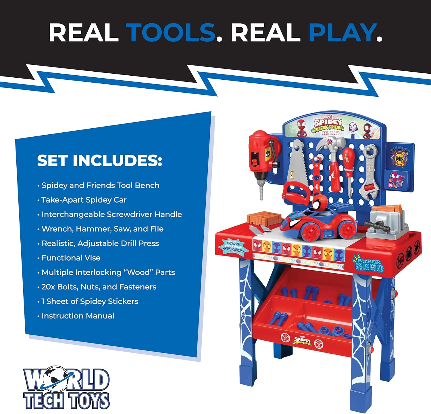 Spidey and Amazing Friends Tool Bench Set with Take Apart Car - 55 Pieces