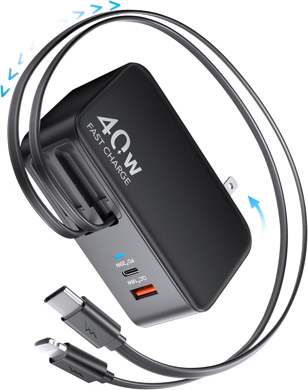 40W 4-in-1 Retractable Wall Charger with Foldable Plug & Dual Cables