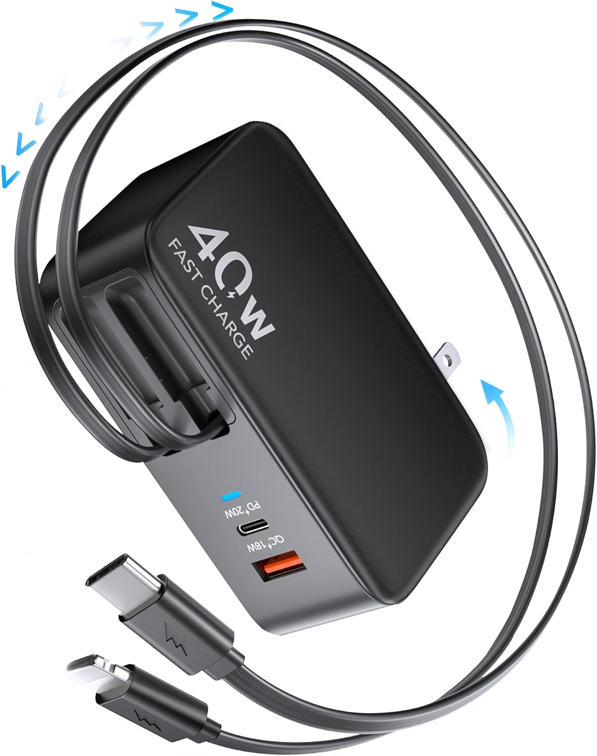 40W 4-in-1 Retractable Wall Charger with Foldable Plug & Dual Cables