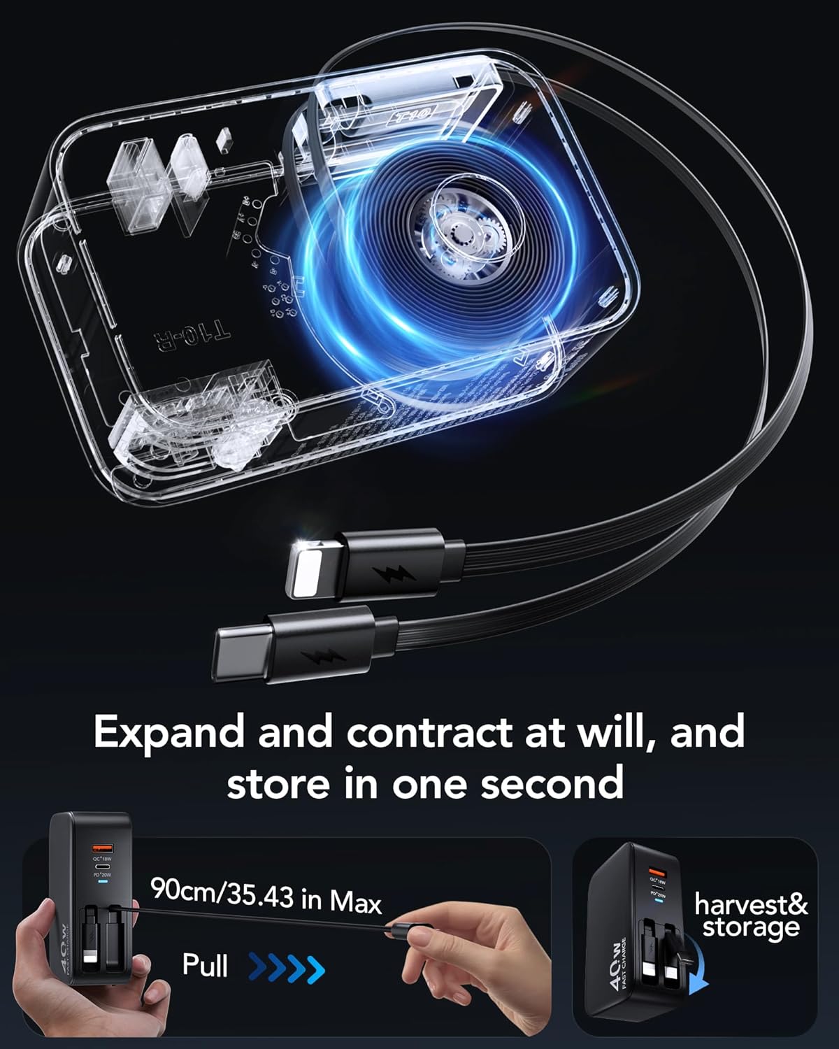 40W 4-in-1 Retractable Wall Charger with Foldable Plug & Dual Cables