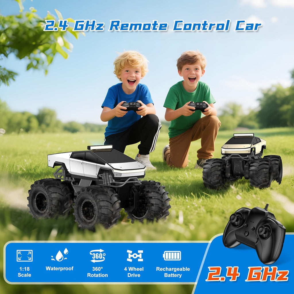 Amphibious Remote Control Car, 1:18 Waterproof RC Truck, 4WD All-Terrain Off-Road Toy for Kids