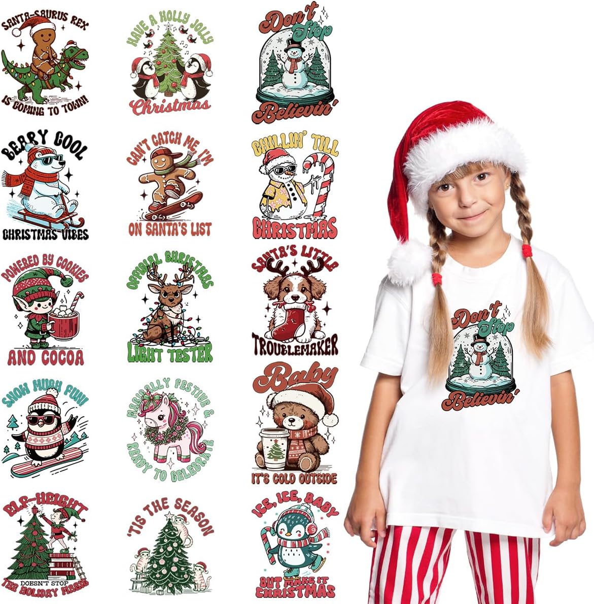 24Pcs Retro Christmas DTF Transfers with Gingerbread Dinosaurs for DIY Holiday Crafts