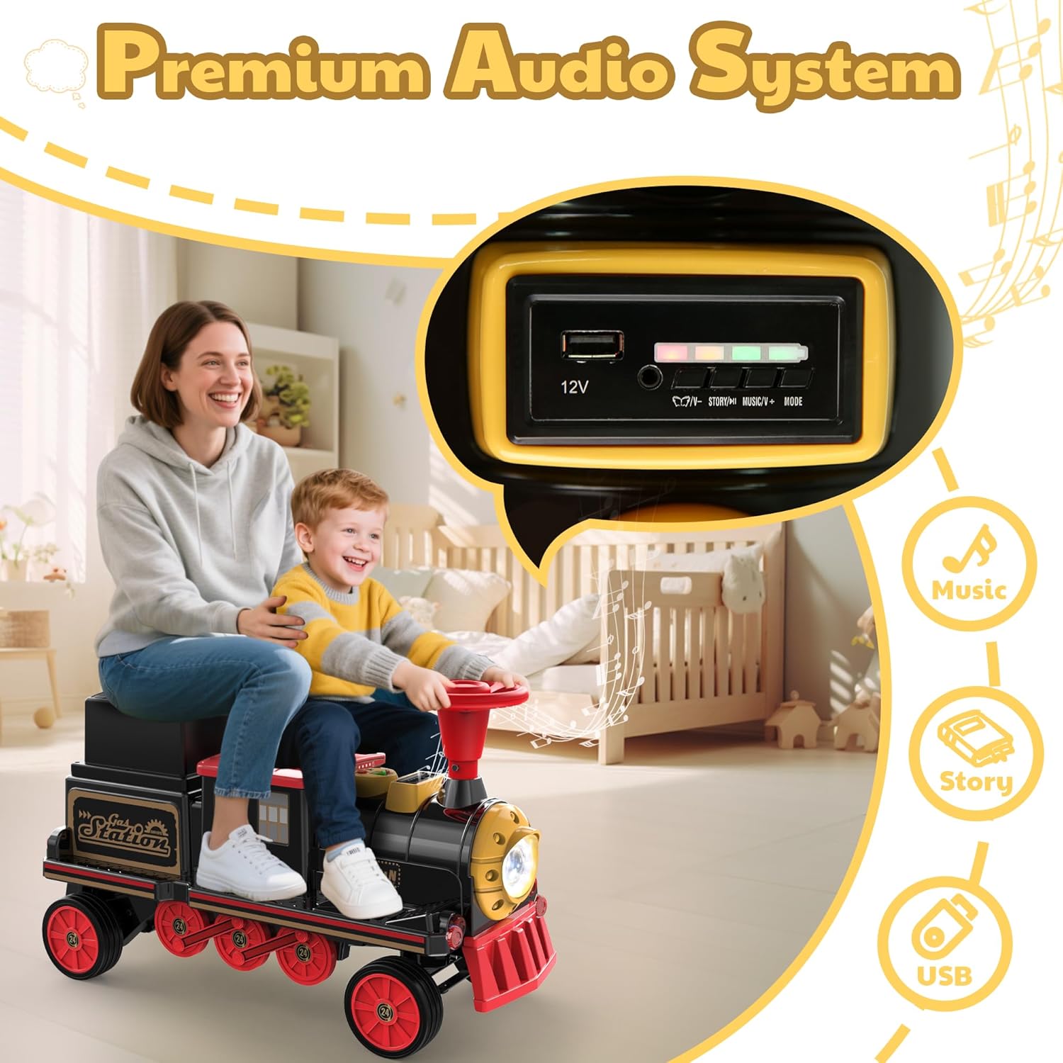 12V 2-Seater Kids Ride-On Train with Adjustable Seat, Storage & Music, Red