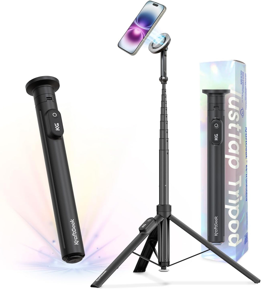 Magnetic Phone Tripod with Auto-Open Design - 66'' Selfie Stick with Remote