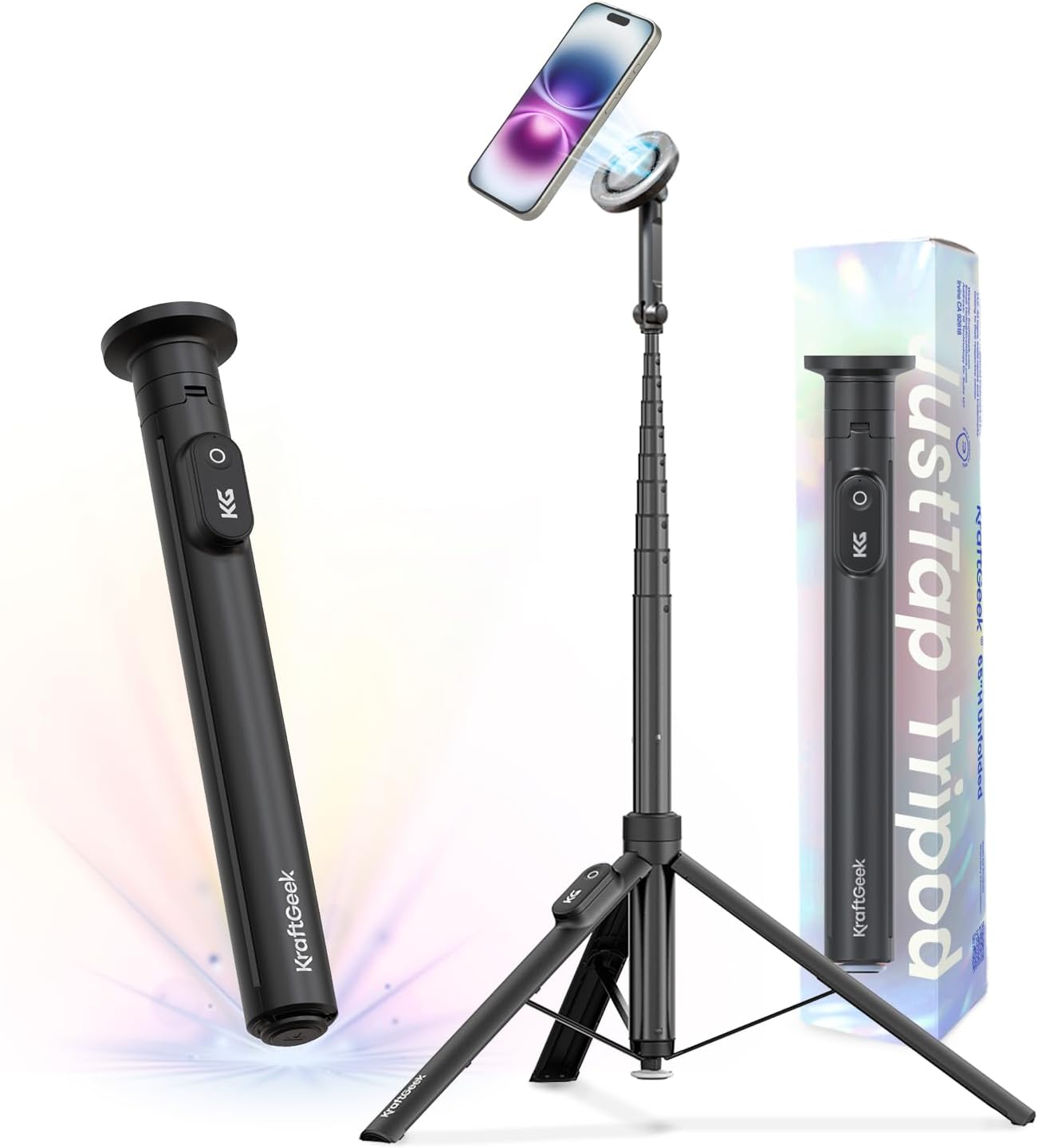 Magnetic Phone Tripod with Auto-Open Design - 66'' Selfie Stick with Remote
