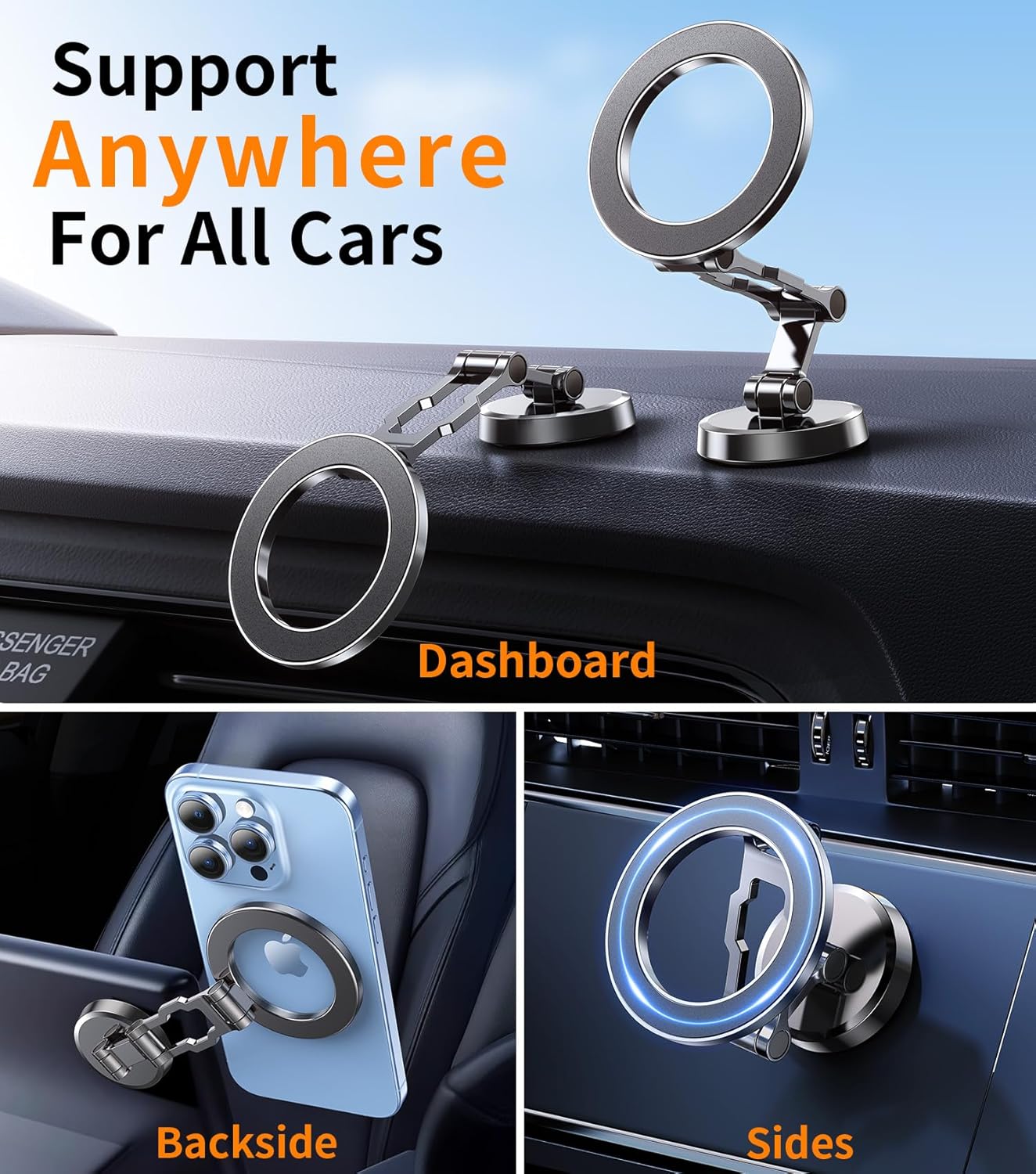All-Metal Tri-Fold Magnetic Car Phone Mount with 360° Rotation & Super Strong Magnet