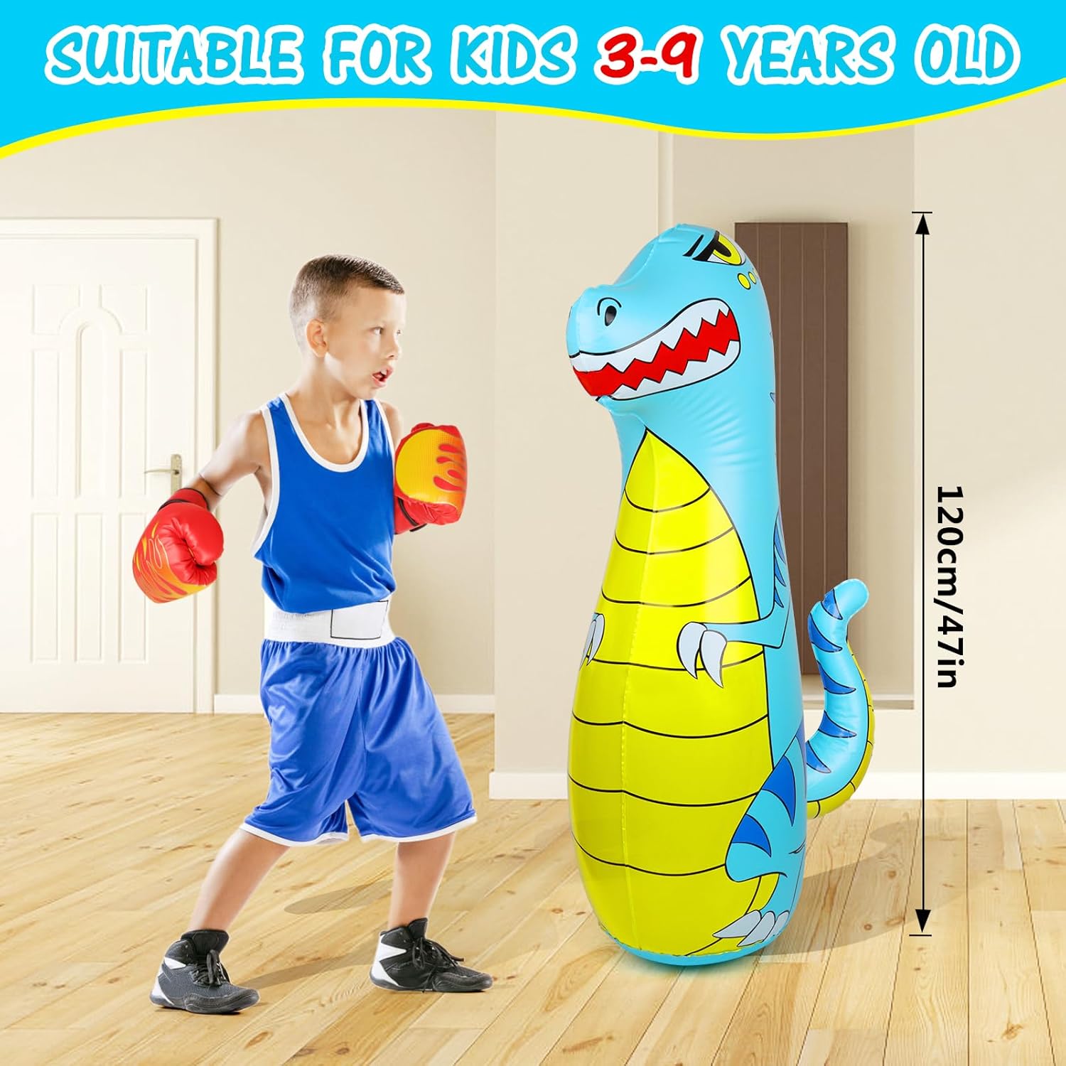 47" Inflatable Dinosaur Punching Bag for Kids with Boxing Gloves - Ages 3-9