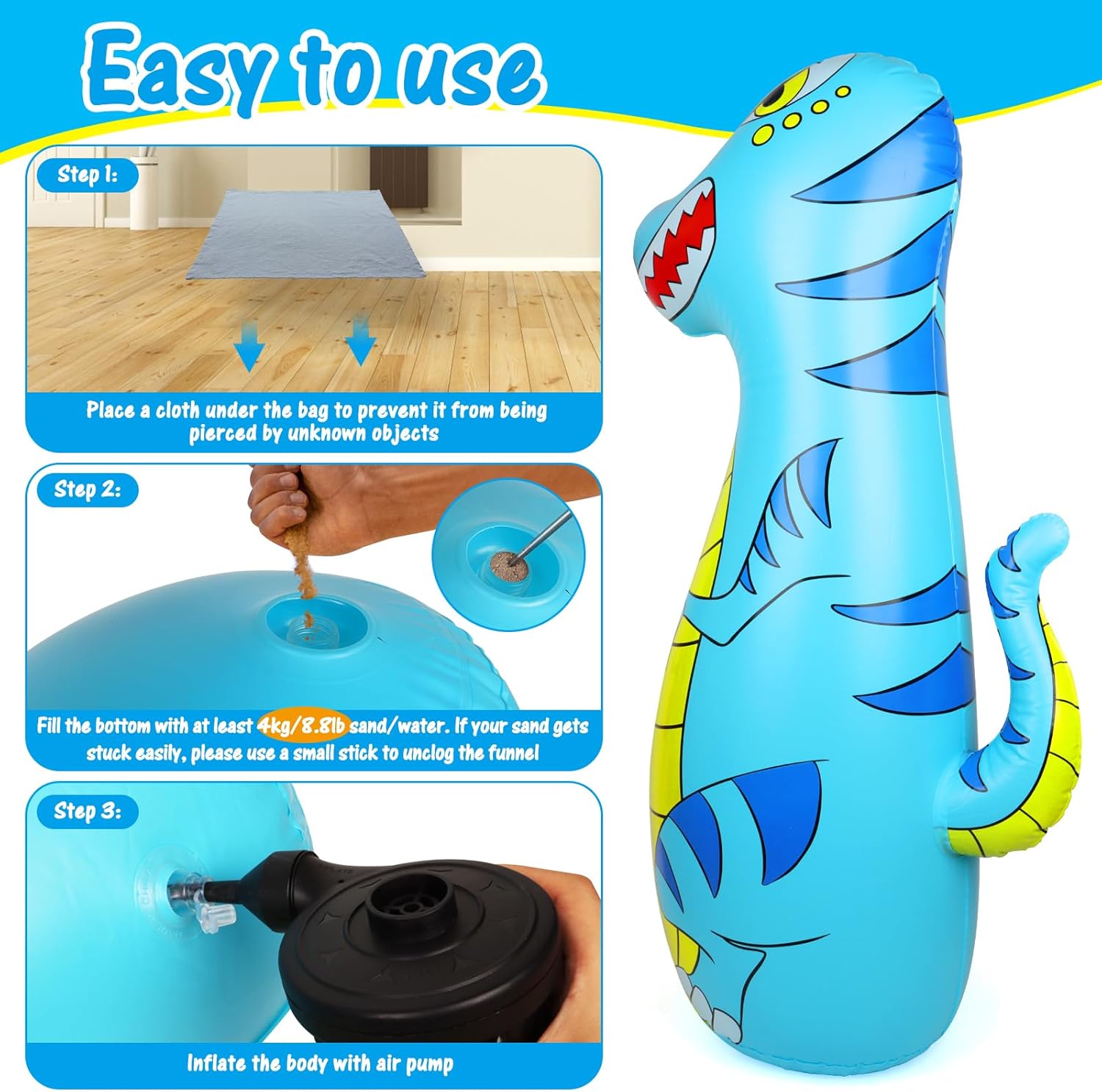 47" Inflatable Dinosaur Punching Bag for Kids with Boxing Gloves - Ages 3-9