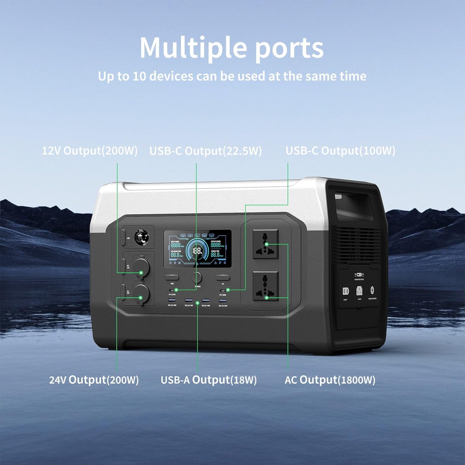 1024Wh Portable Power Station with 1600W Output, 1-Hour Fast Charging, 11 Ports for Camping/Home/Emergency