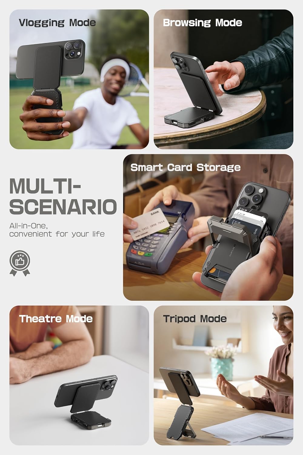 Magnetic Wallet with Stand, Holds 5 Cards, Adjustable Stand & RFID Blocking for Phones