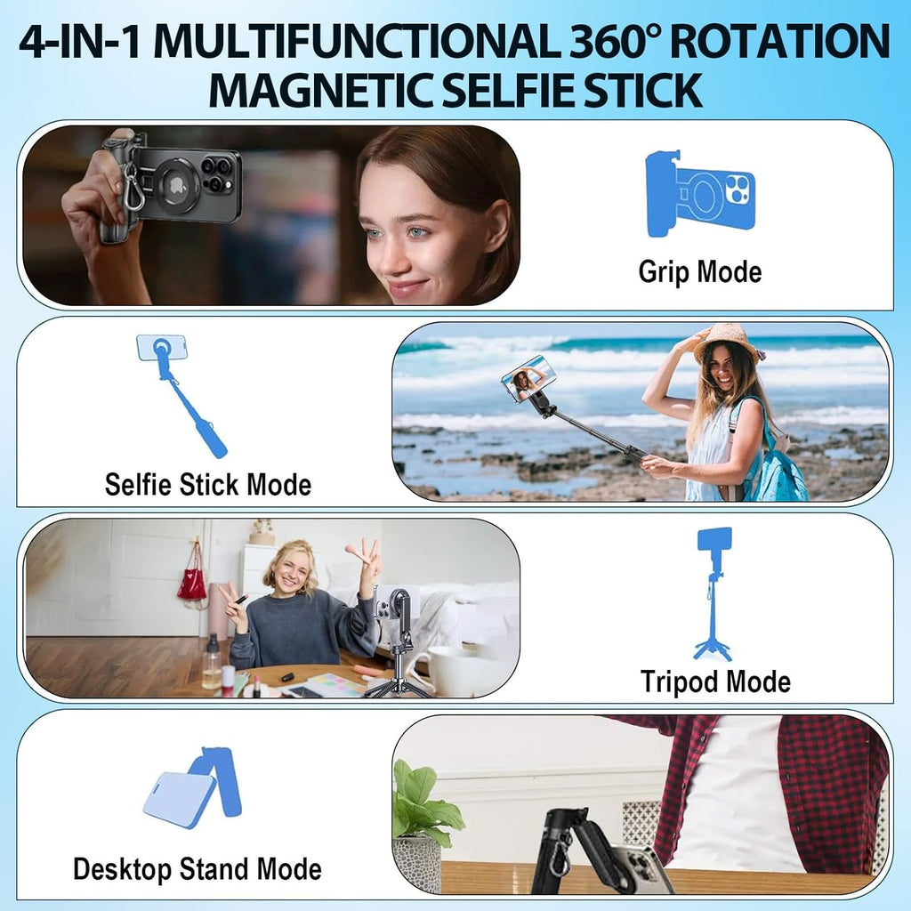 4-in-1 Magnetic Selfie Stick Tripod with Wireless Remote, 360° Rotation Phone Holder for Video & Photos