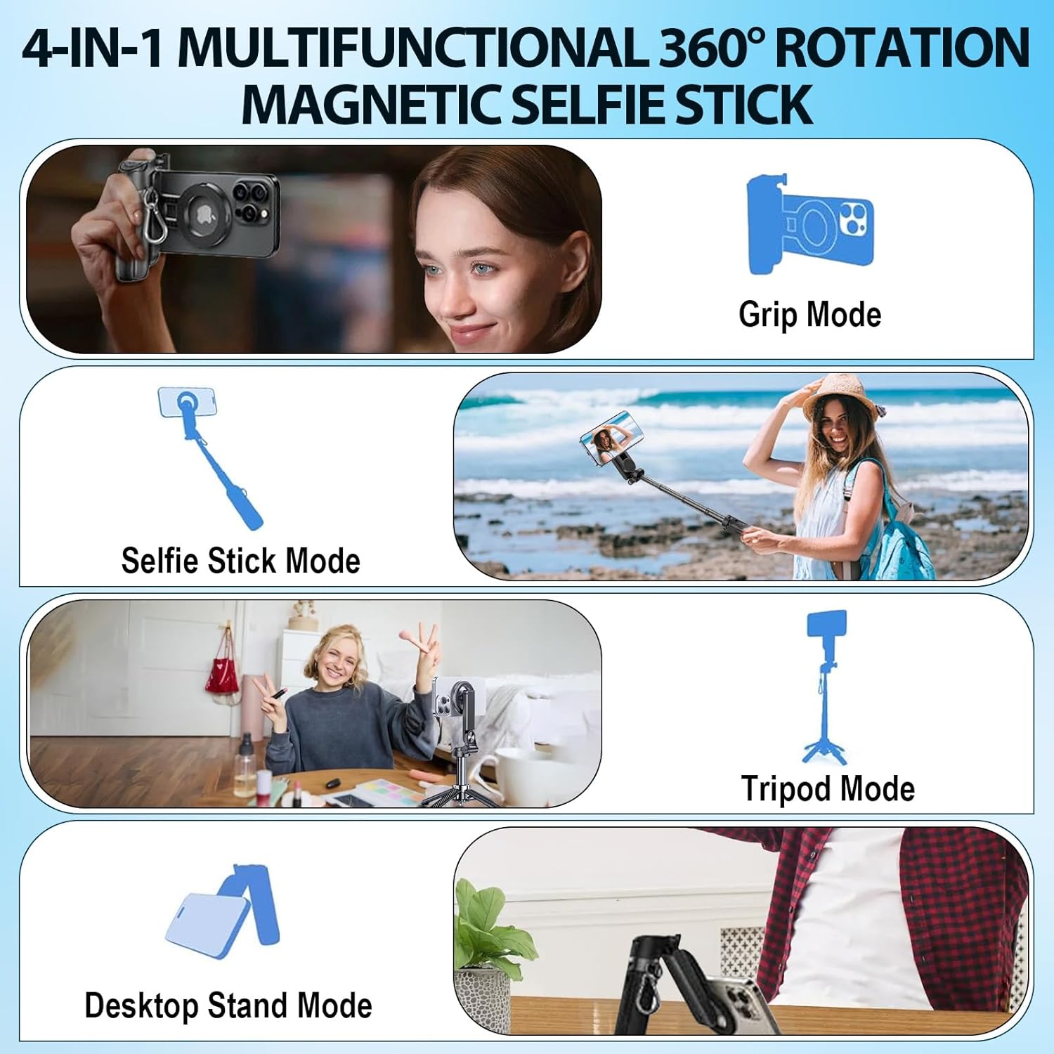 4-in-1 Magnetic Selfie Stick Tripod with Wireless Remote, 360° Rotation Phone Holder for Video & Photos