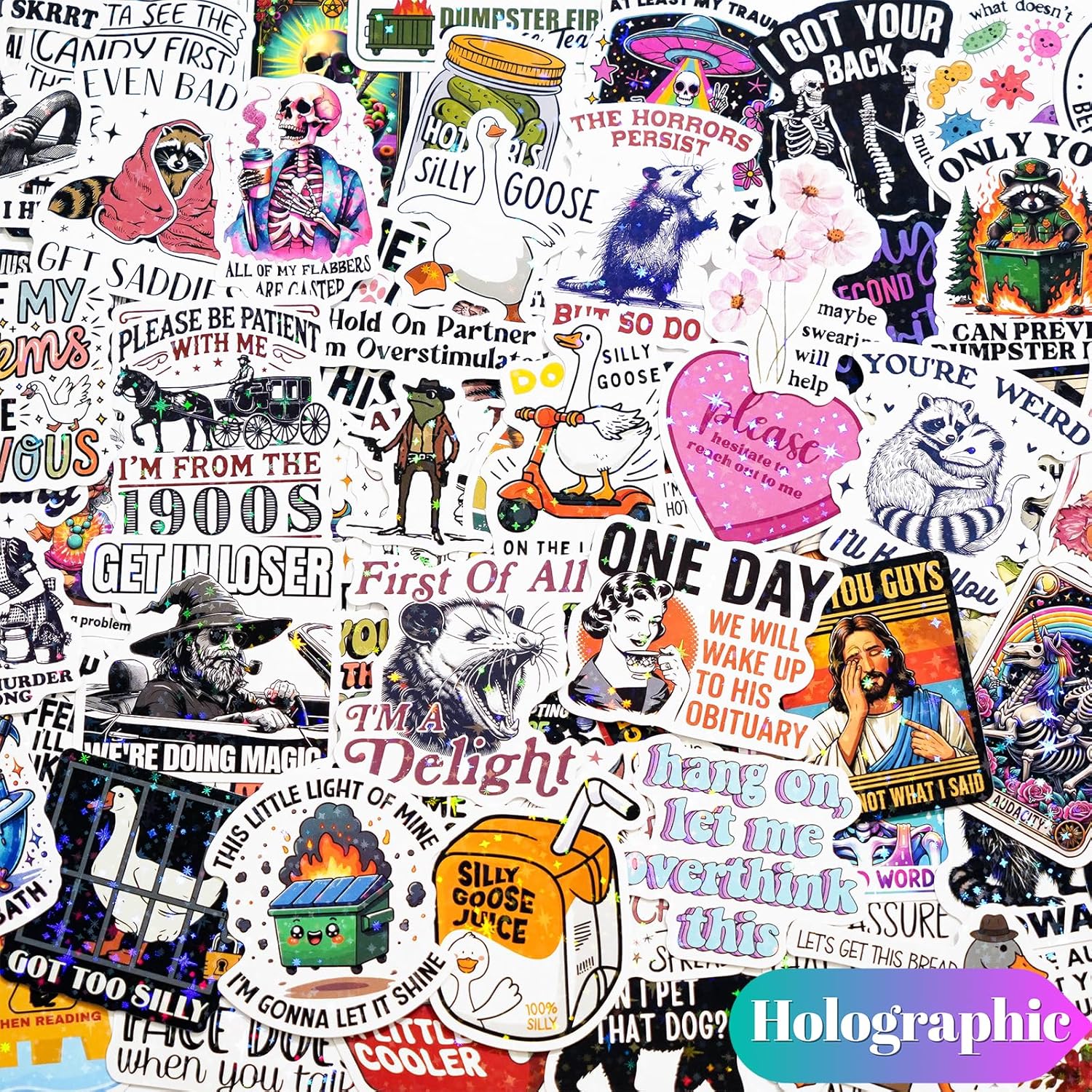 200 PCS Holographic Stickers for Adults, Waterproof Vinyl Sarcastic Meme Decals