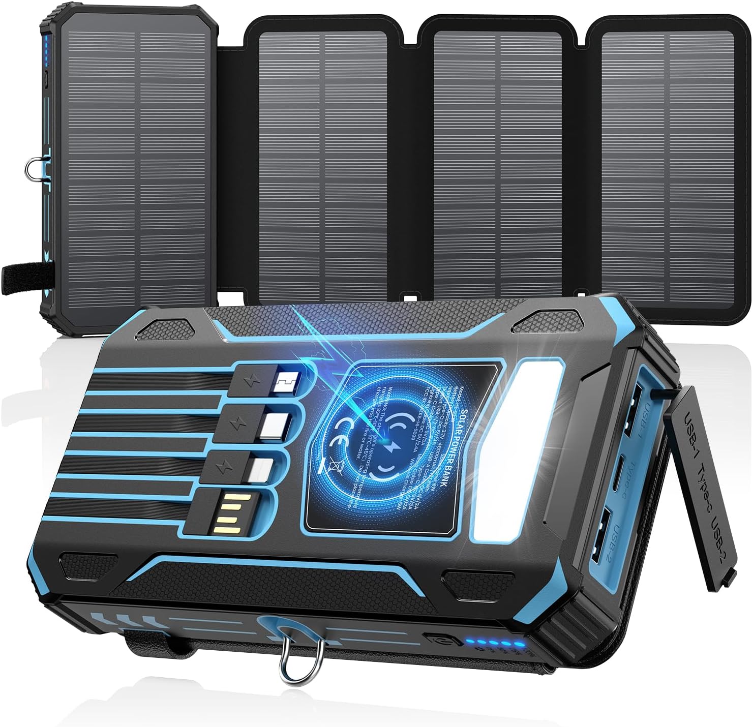 48000mAh Solar Power Bank with 4 Solar Panels, Wireless Charging & Built-in Cables for Outdoor Travel