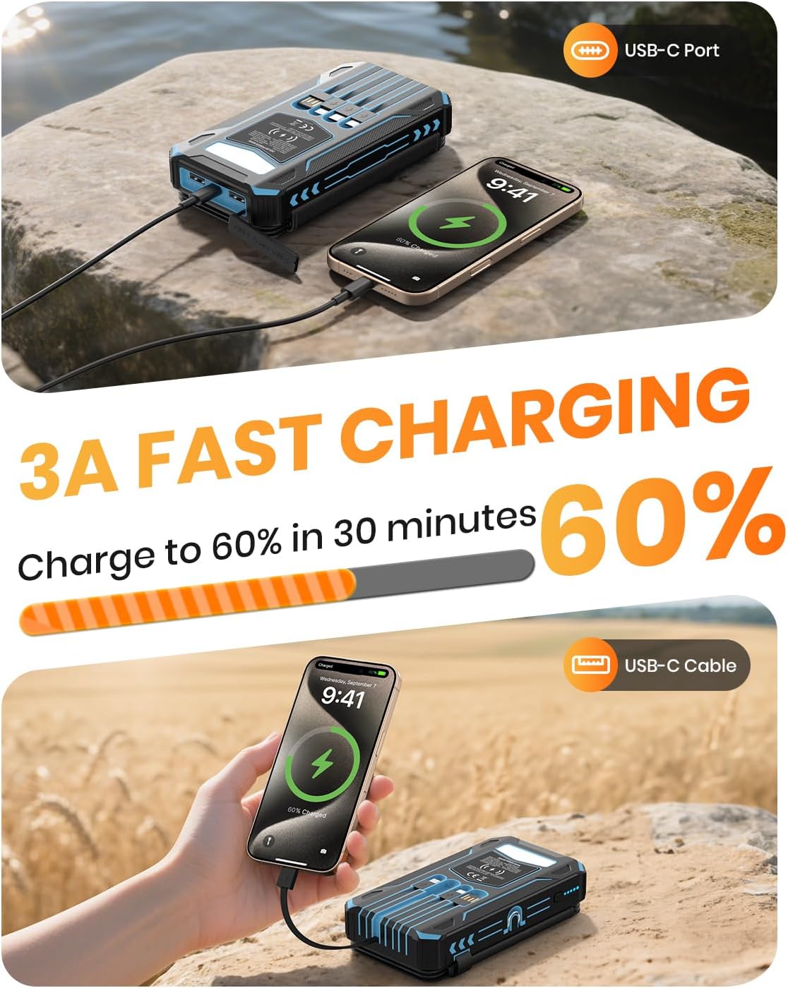 48000mAh Solar Power Bank with 4 Solar Panels, Wireless Charging & Built-in Cables for Outdoor Travel