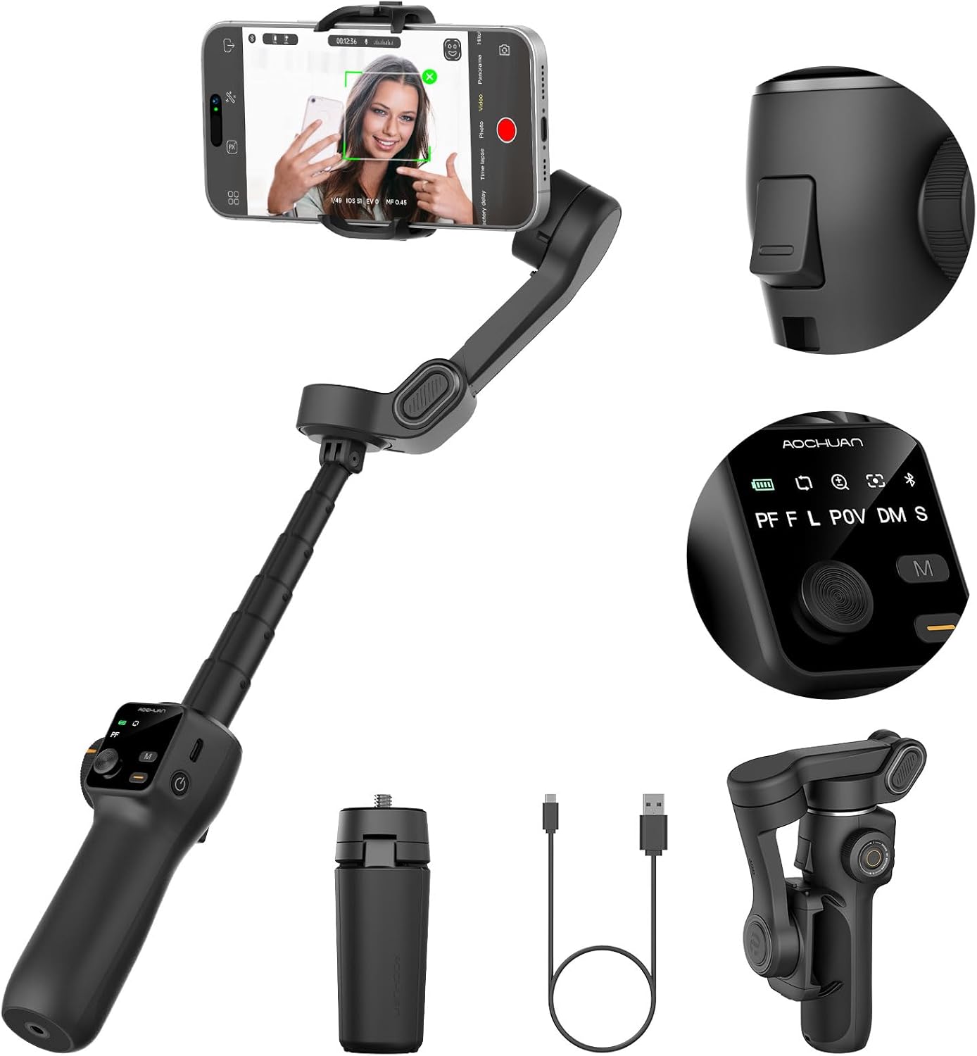 3-Axis Smartphone Gimbal with Built-in 7.8' Extension Rod, AI Tracking & OLED Display