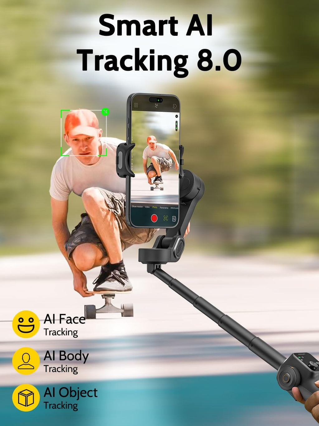 3-Axis Smartphone Gimbal with Built-in 7.8' Extension Rod, AI Tracking & OLED Display