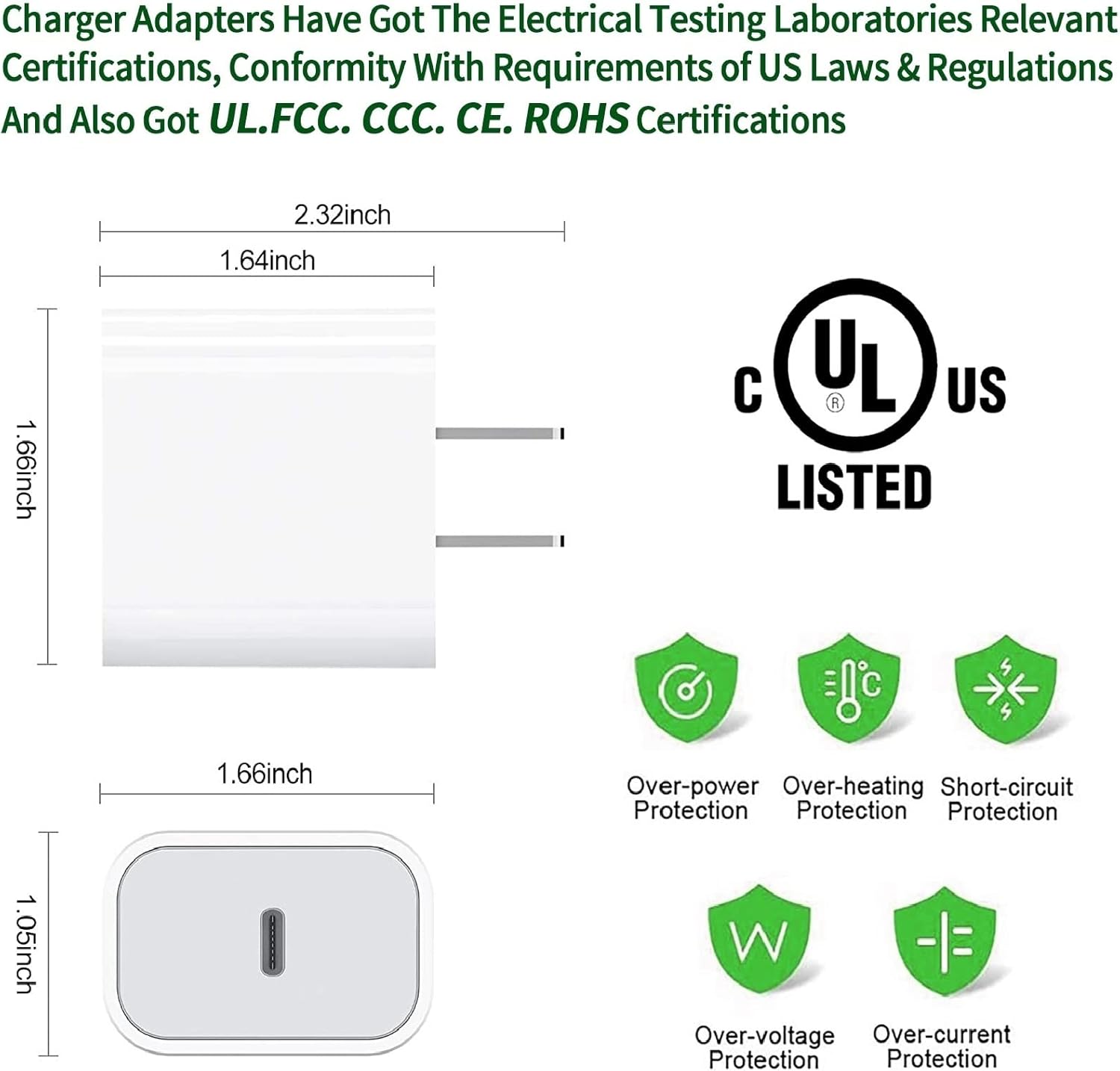 MFi Certified 20W Fast Charger Block with 6FT USB-C to Lightning Cable (2-Pack)