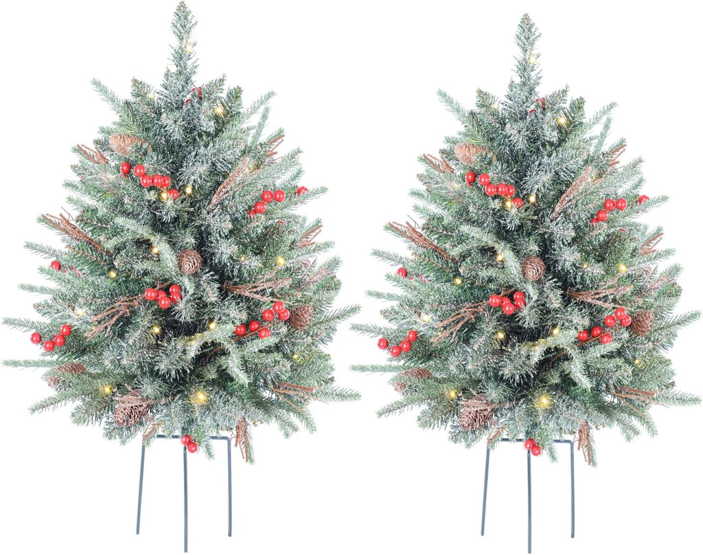 2-Pack 30-Inch Outdoor Prelit Flocked Christmas Trees with 100 LED Battery-Operated Lights