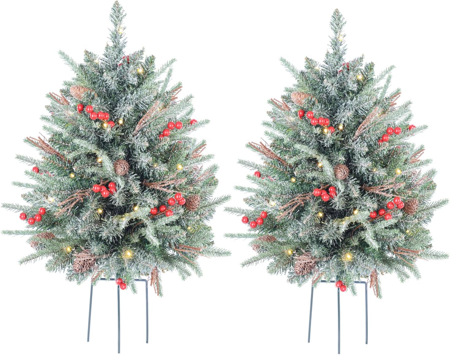 2-Pack 30-Inch Outdoor Prelit Flocked Christmas Trees with 100 LED Battery-Operated Lights