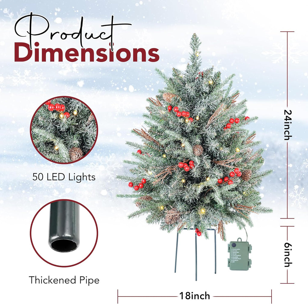2-Pack 30-Inch Outdoor Prelit Flocked Christmas Trees with 100 LED Battery-Operated Lights