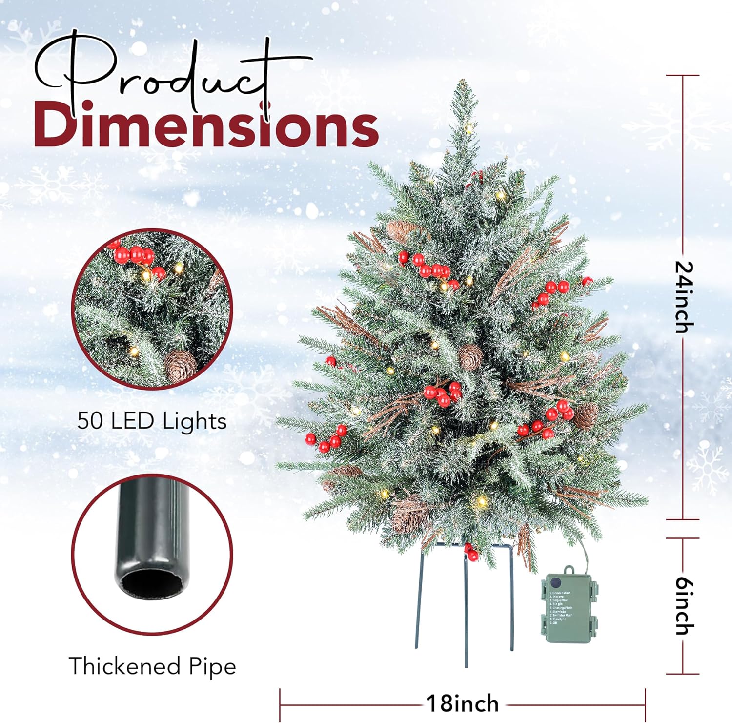2-Pack 30-Inch Outdoor Prelit Flocked Christmas Trees with 100 LED Battery-Operated Lights