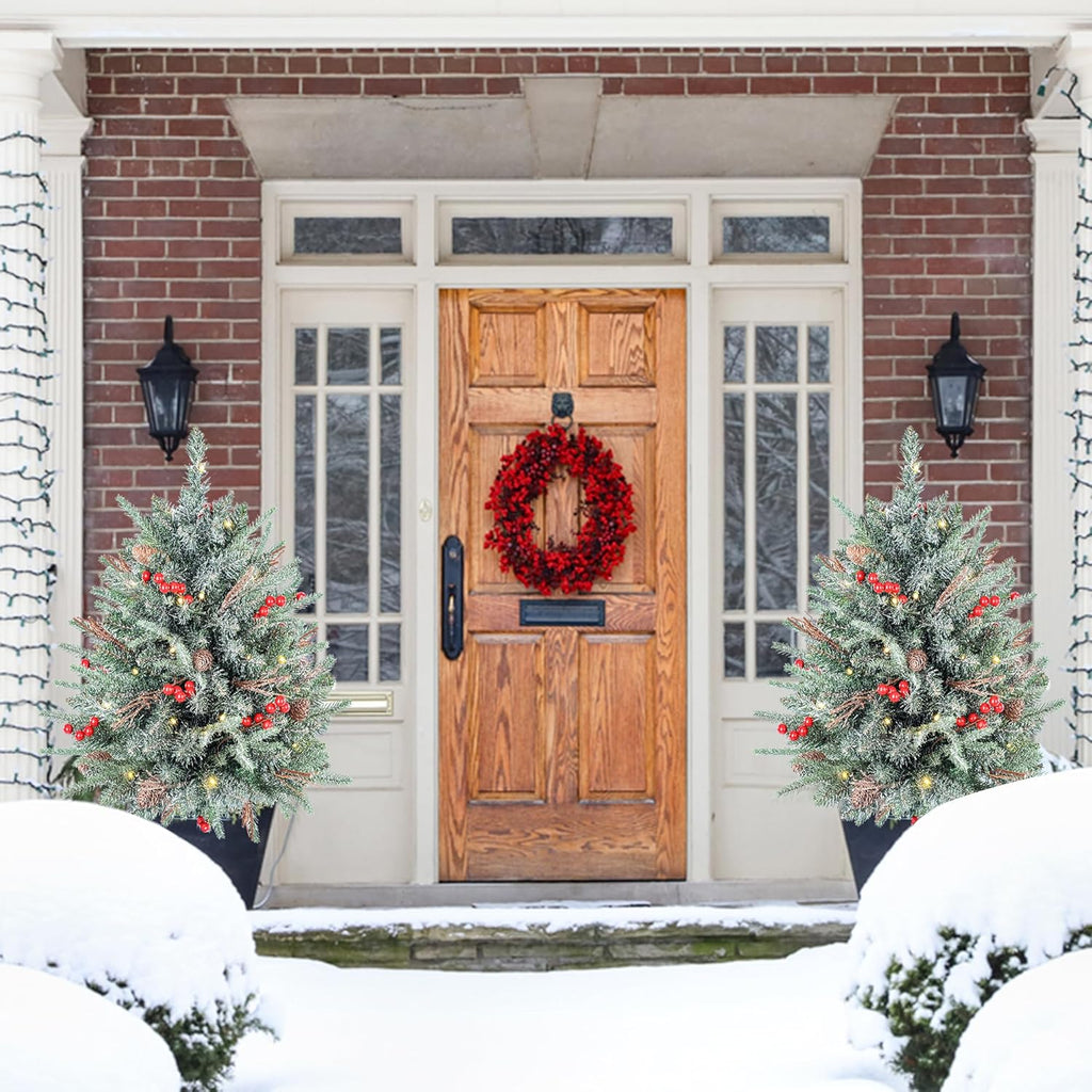 2-Pack 30-Inch Outdoor Prelit Flocked Christmas Trees with 100 LED Battery-Operated Lights