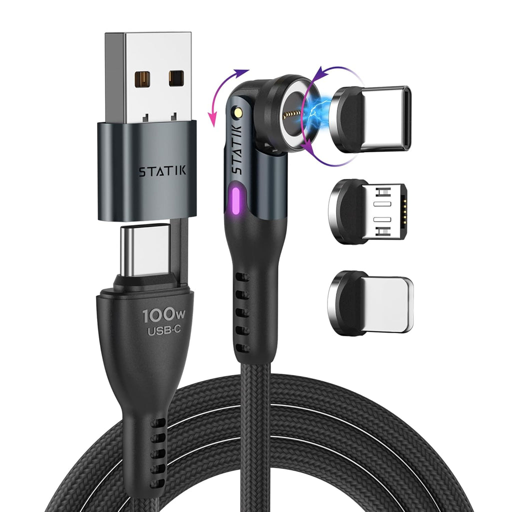 360 Pro Magnetic Charging Cable - 100W Fast Charging 3-in-1 USB-C, Micro USB & Lightning Tips with Adapter