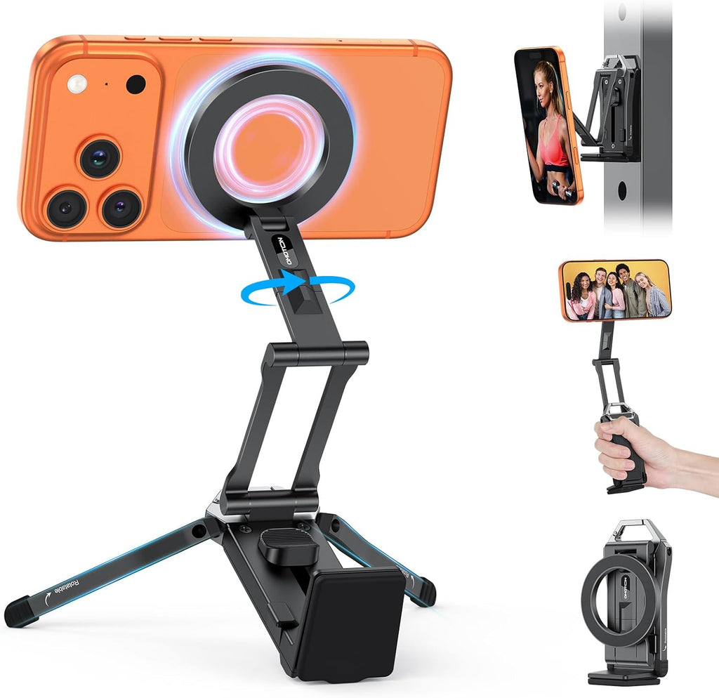 360° Rotating Magnetic Phone Tripod with Ultra Strong Magnet, Adjustable Aluminum Stand for Vlog, Gym, Travel