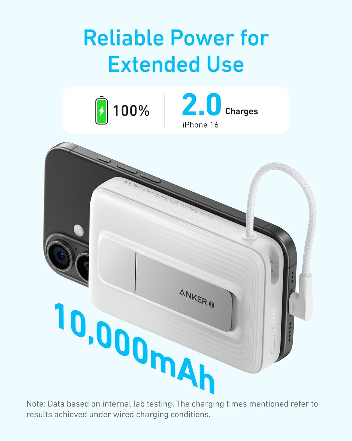 10,000mAh Magnetic Power Bank with 30W Fast Charging, Built-in USB-C Cable & Adjustable Stand