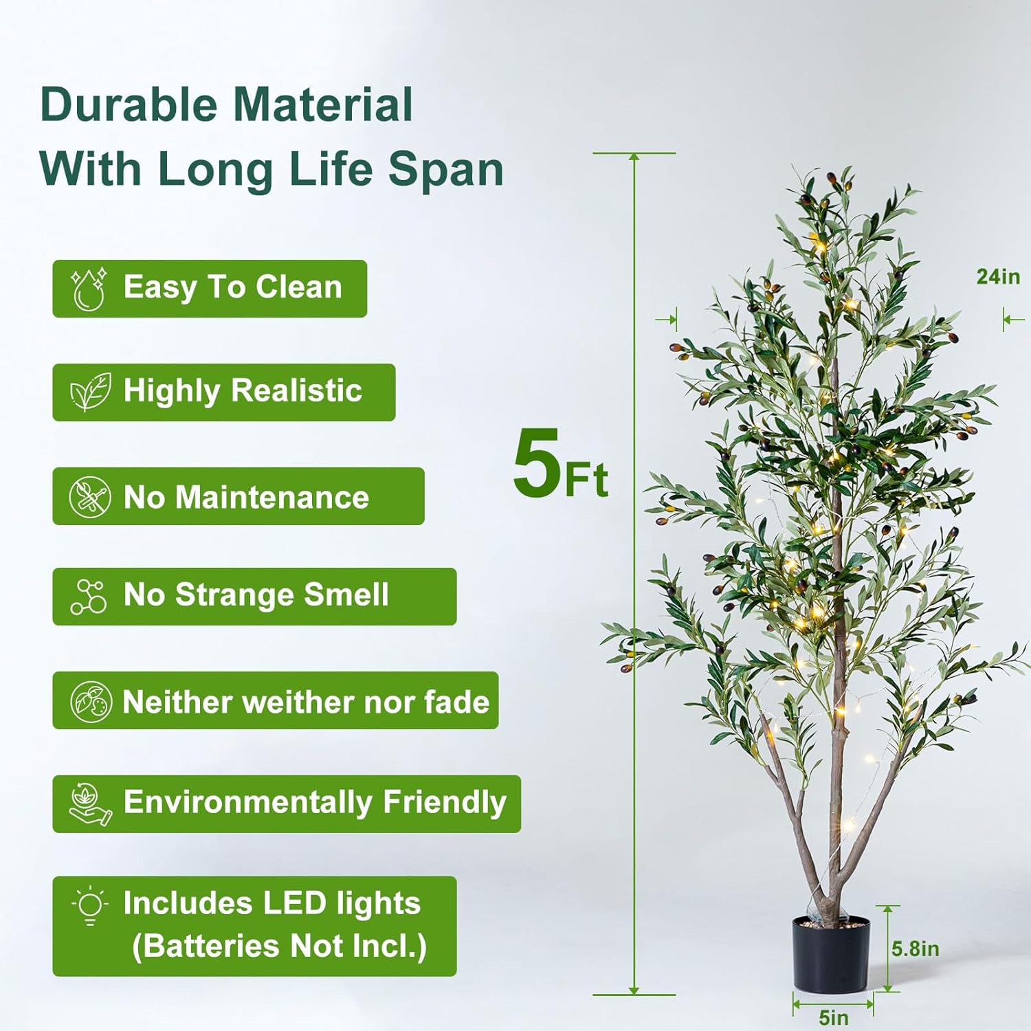 5FT Artificial Olive Tree with LED Lights, Moss and Planter - Indoor Home Decor