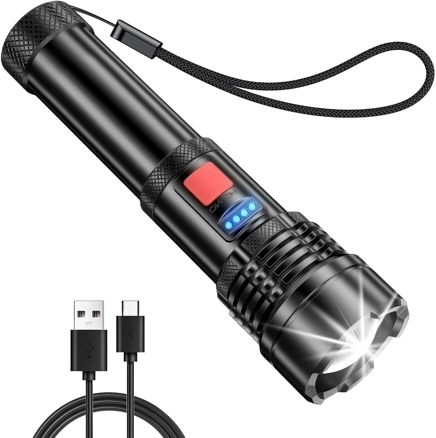 Rechargeable LED Tactical Flashlight with 5 Modes, Zoomable Beam & Power Display