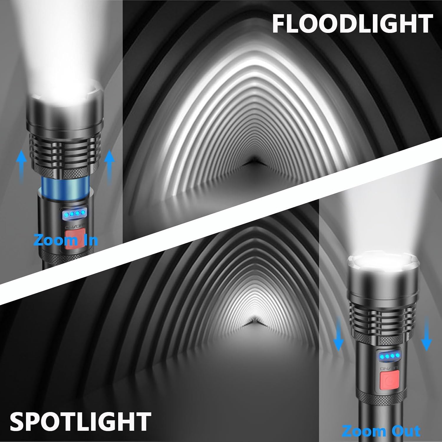 Rechargeable LED Tactical Flashlight with 5 Modes, Zoomable Beam & Power Display