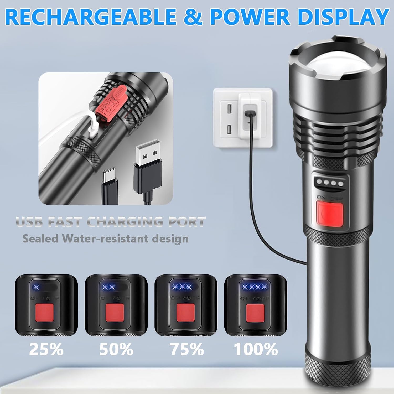 Rechargeable LED Tactical Flashlight with 5 Modes, Zoomable Beam & Power Display