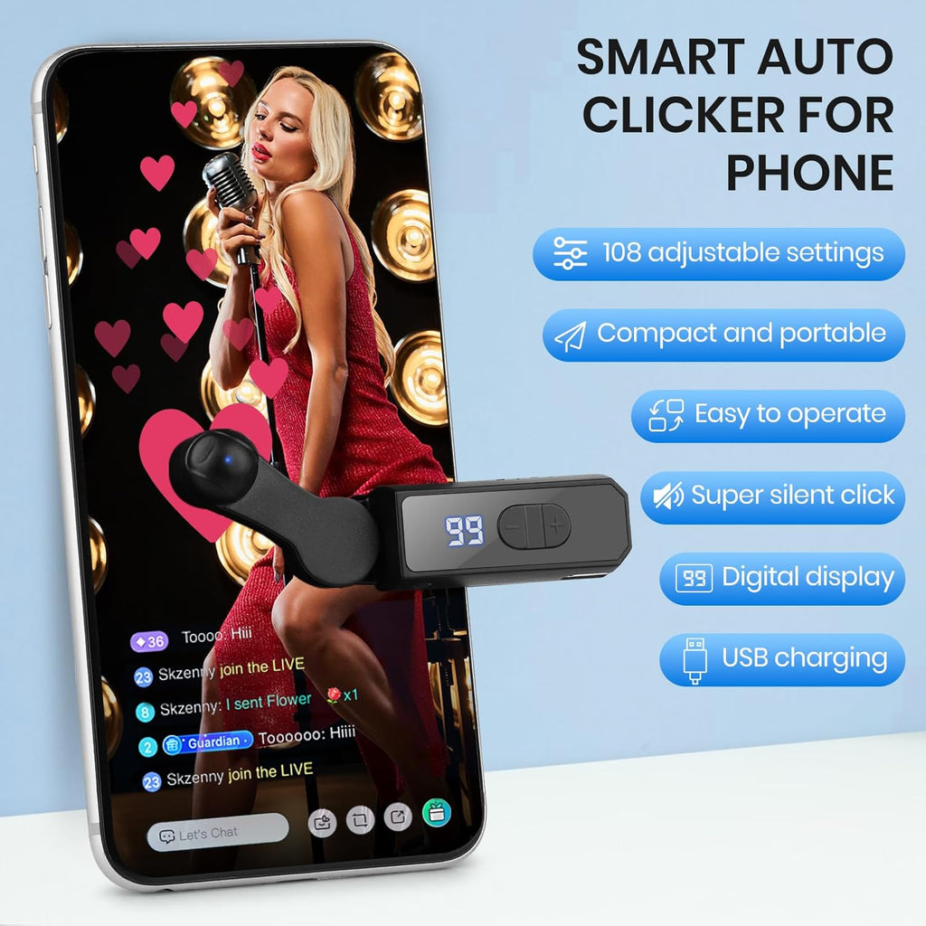 Rechargeable Auto Clicker for Smartphones, Screen Tapping Device with 108-Speed Gears for Gaming and Tasks