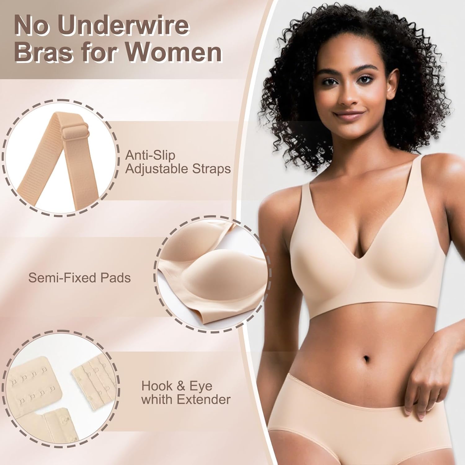 Wireless Push Up Bra for Women, Seamless T-Shirt Bra with Adjustable Straps, Comfortable Plunge No Underwire