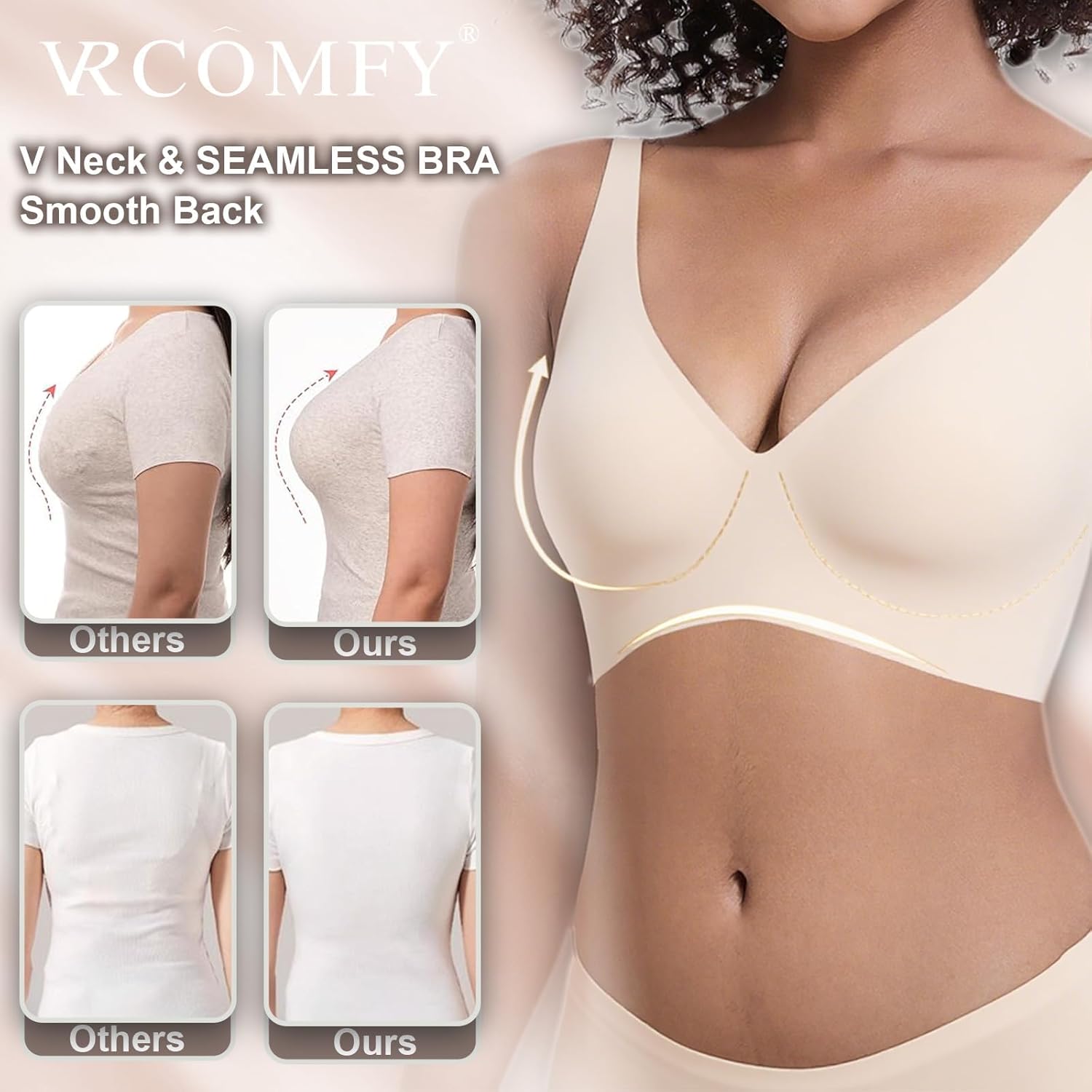 Wireless Push Up Bra for Women, Seamless T-Shirt Bra with Adjustable Straps, Comfortable Plunge No Underwire