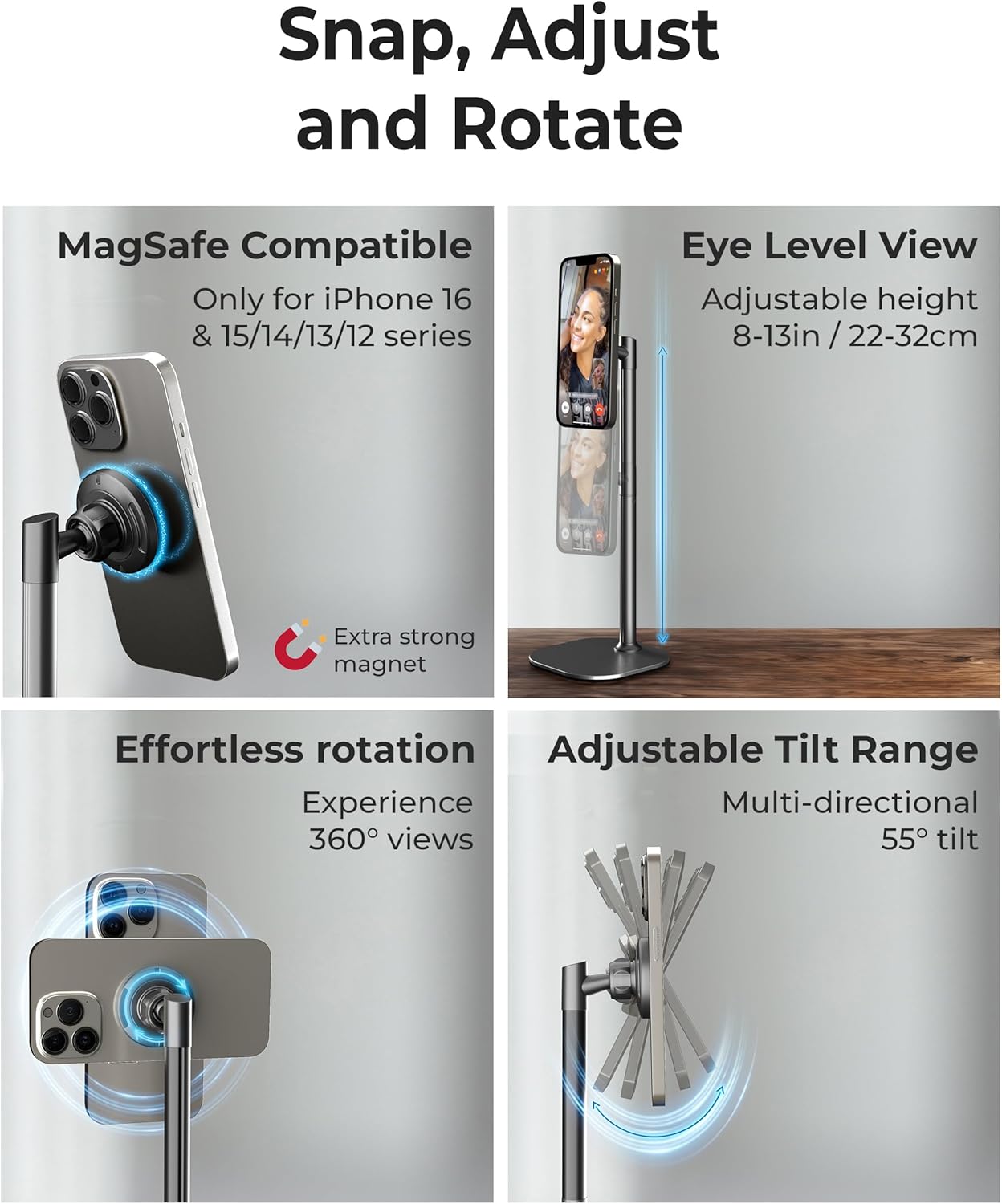 Adjustable Magnetic Phone Stand for Desk with 360° Rotation & Height Adjustment