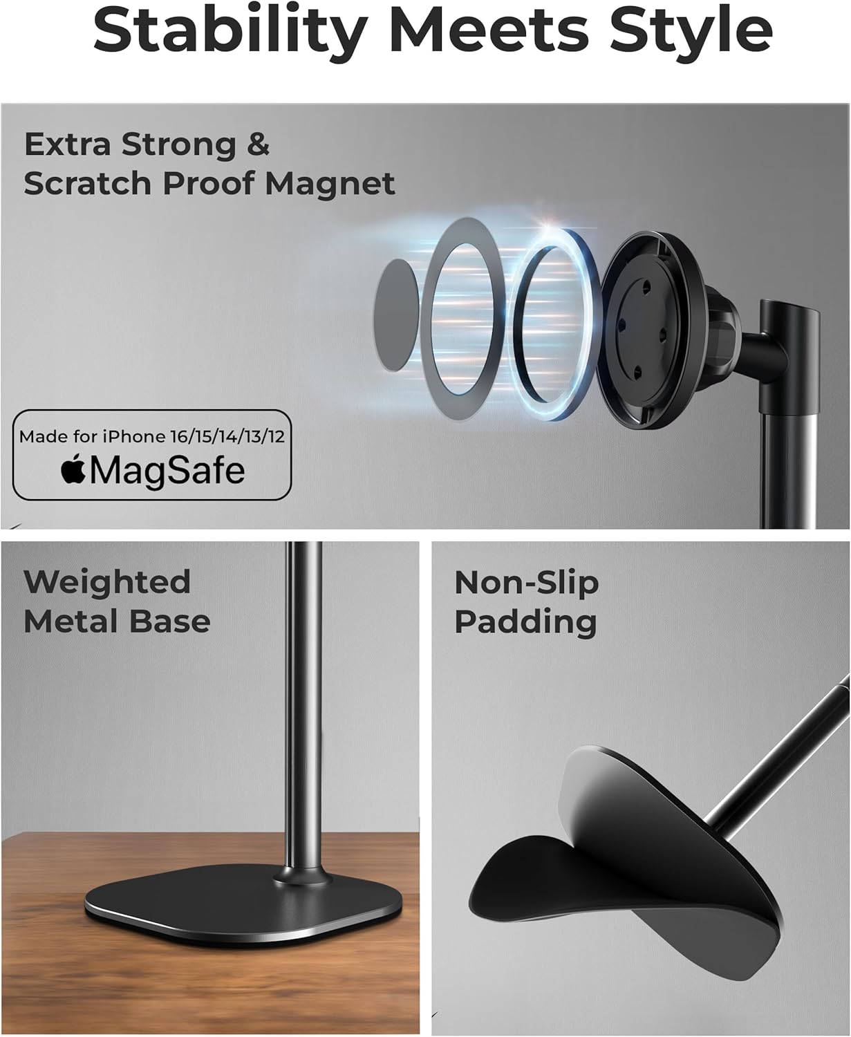Adjustable Magnetic Phone Stand for Desk with 360° Rotation & Height Adjustment
