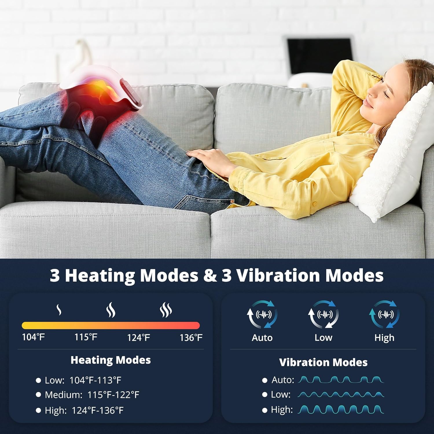 Cordless Heated Knee Massager with 3 Heat Levels, 3 Vibration Modes & Adjustable Straps