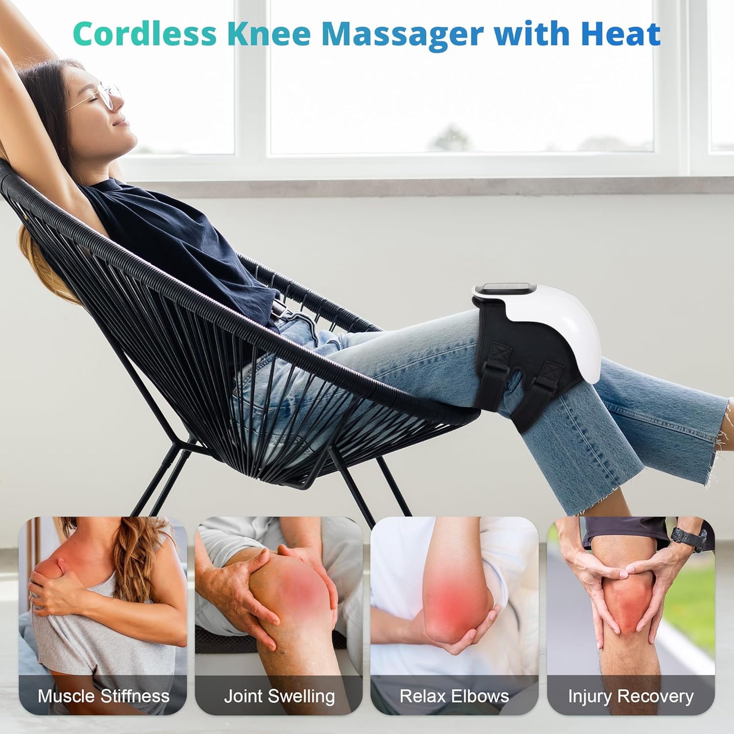 Cordless Heated Knee Massager with 3 Heat Levels, 3 Vibration Modes & Adjustable Straps