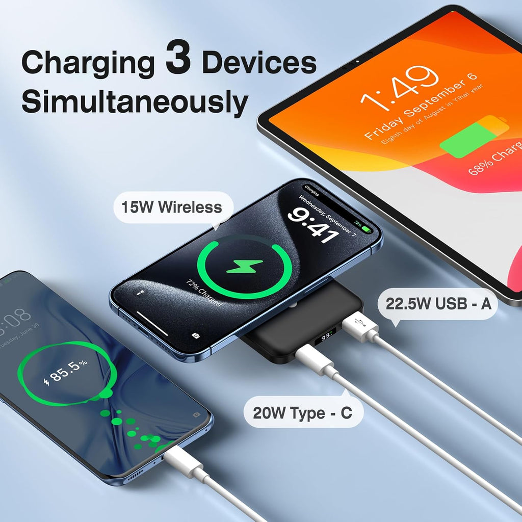 10000mAh Mag-Safe Wireless Portable Charger, 22.5W Fast Magnetic Power Bank with LED Display & Stand