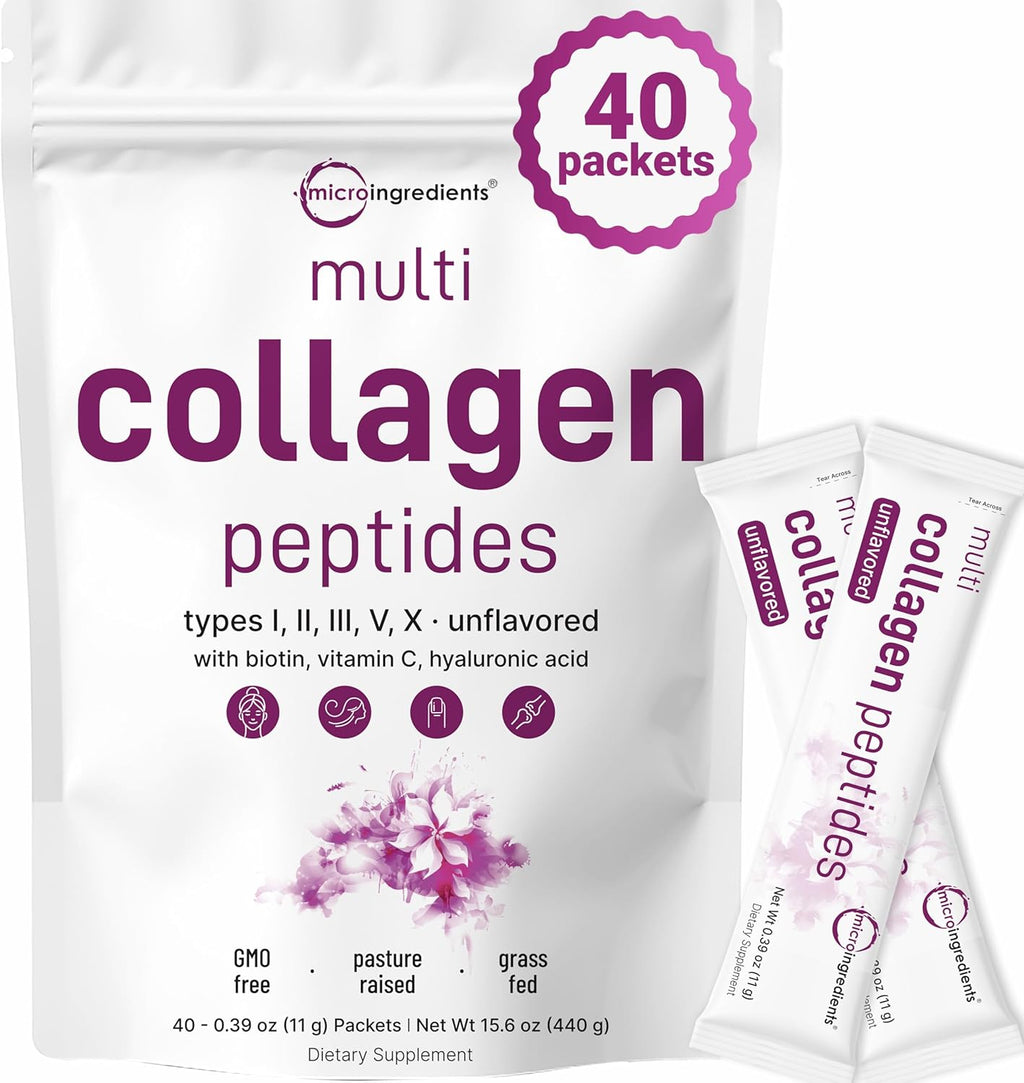Multi Collagen Peptides Powder, 40 Stick Packs | Type I, II, III, V, X + Biotin, Vitamin C & Hyaluronic Acid | Supports Hair, Skin & Joint Health