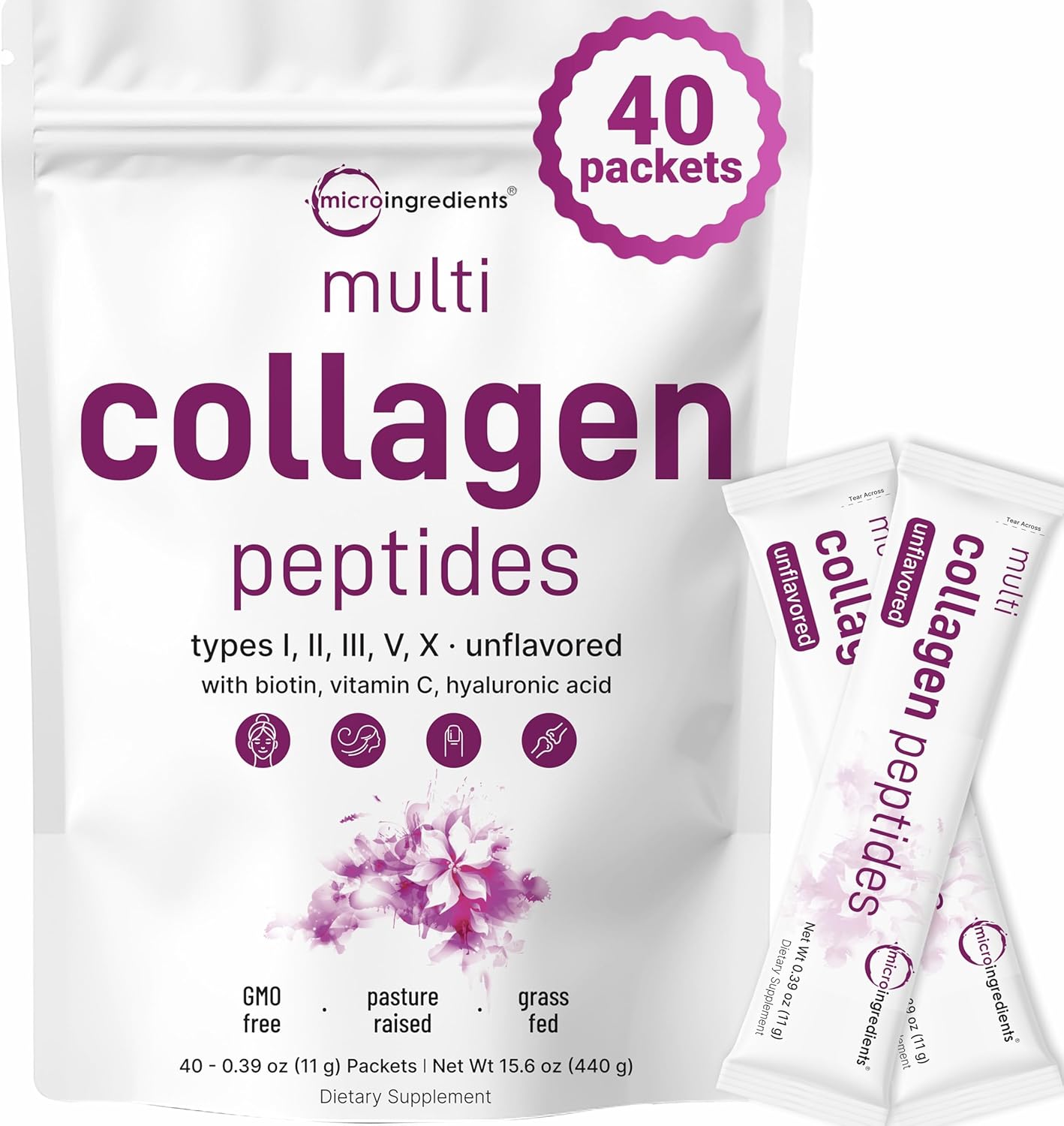 Multi Collagen Peptides Powder, 40 Stick Packs | Type I, II, III, V, X + Biotin, Vitamin C & Hyaluronic Acid | Supports Hair, Skin & Joint Health