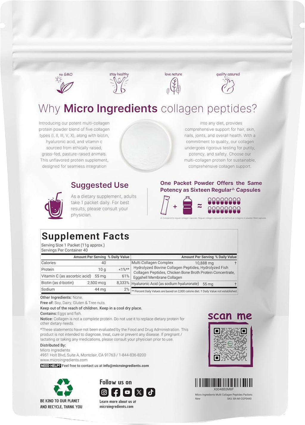 Multi Collagen Peptides Powder, 40 Stick Packs | Type I, II, III, V, X + Biotin, Vitamin C & Hyaluronic Acid | Supports Hair, Skin & Joint Health