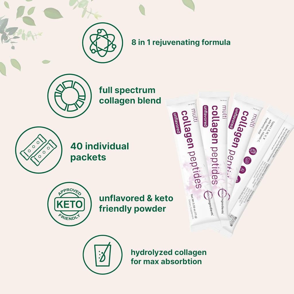 Multi Collagen Peptides Powder, 40 Stick Packs | Type I, II, III, V, X + Biotin, Vitamin C & Hyaluronic Acid | Supports Hair, Skin & Joint Health