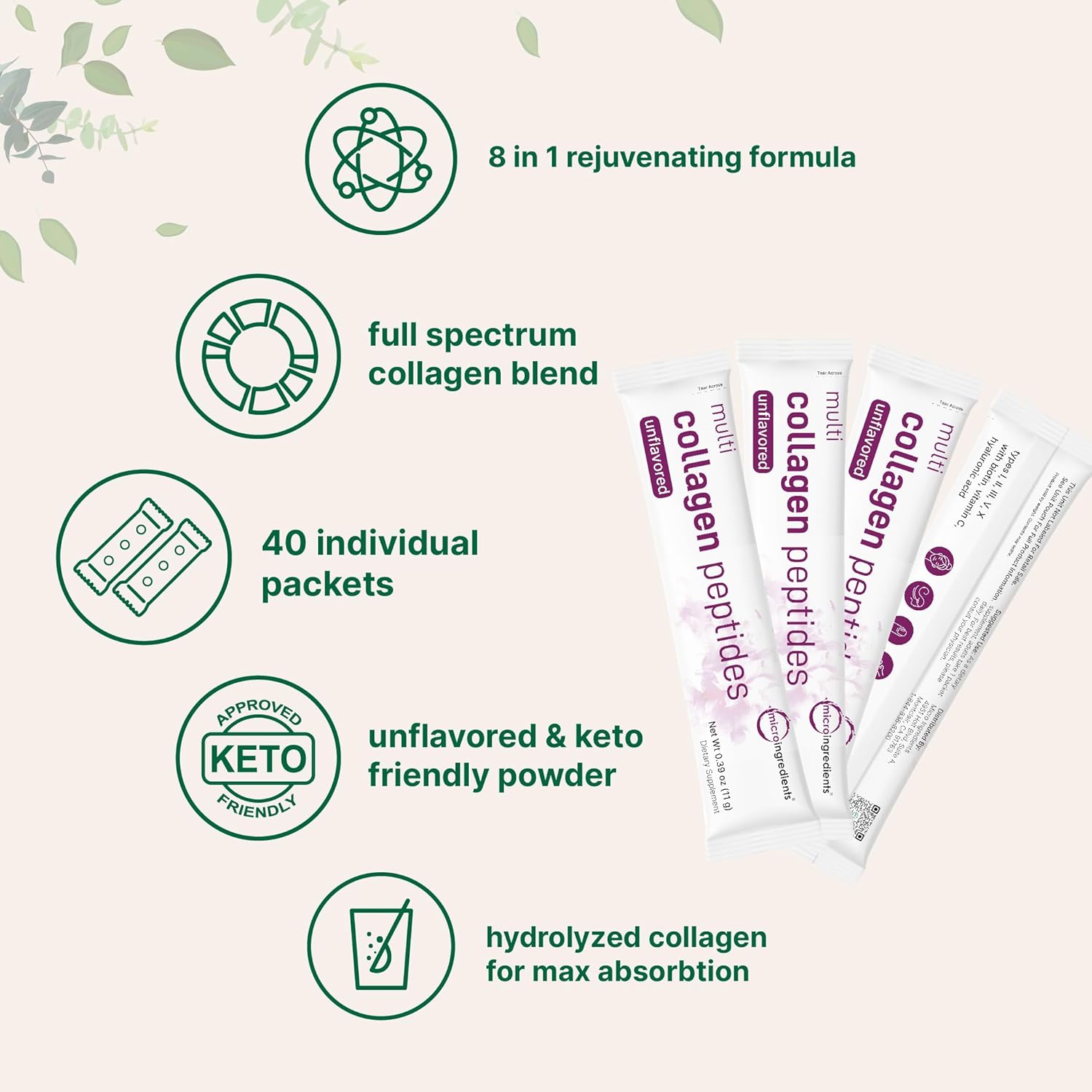 Multi Collagen Peptides Powder, 40 Stick Packs | Type I, II, III, V, X + Biotin, Vitamin C & Hyaluronic Acid | Supports Hair, Skin & Joint Health