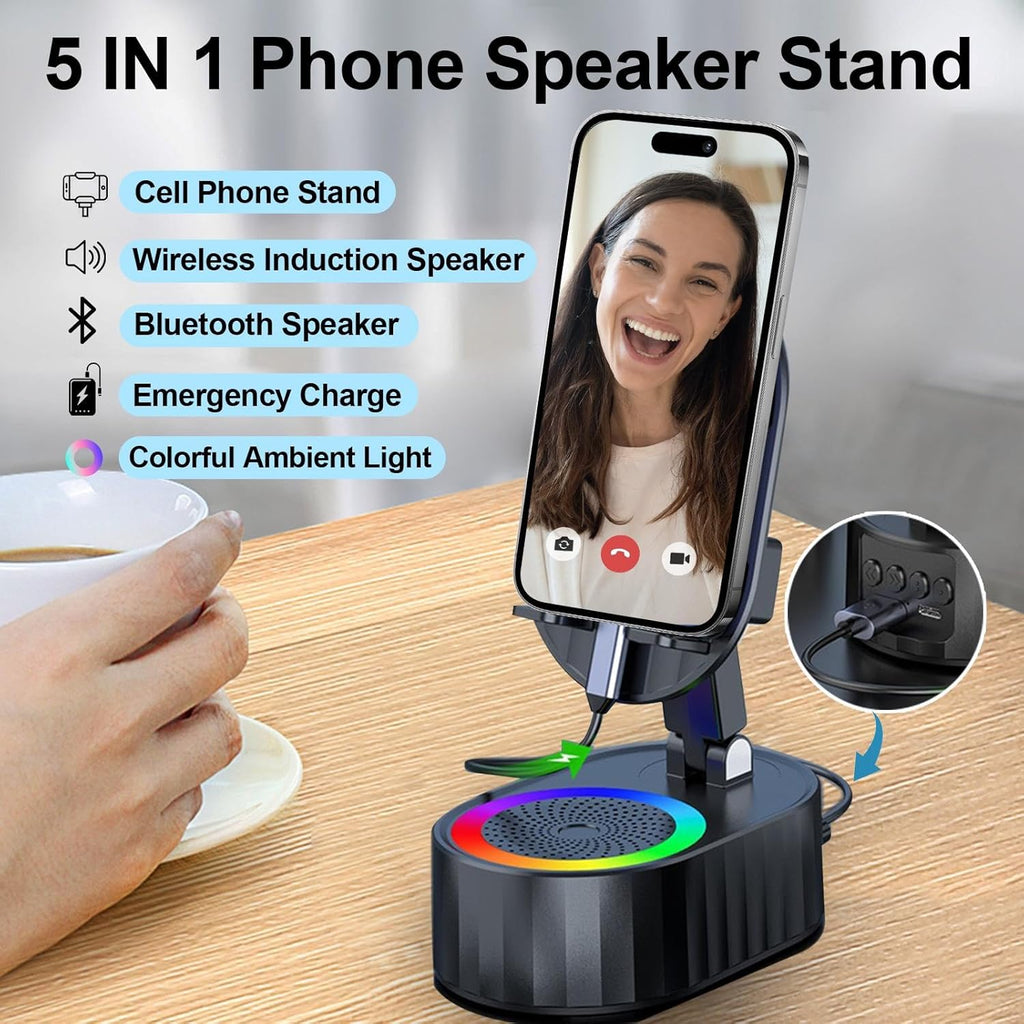 3000mAh Wireless Induction Bluetooth Speaker with Phone Stand, Ambient Light and Emergency Charging