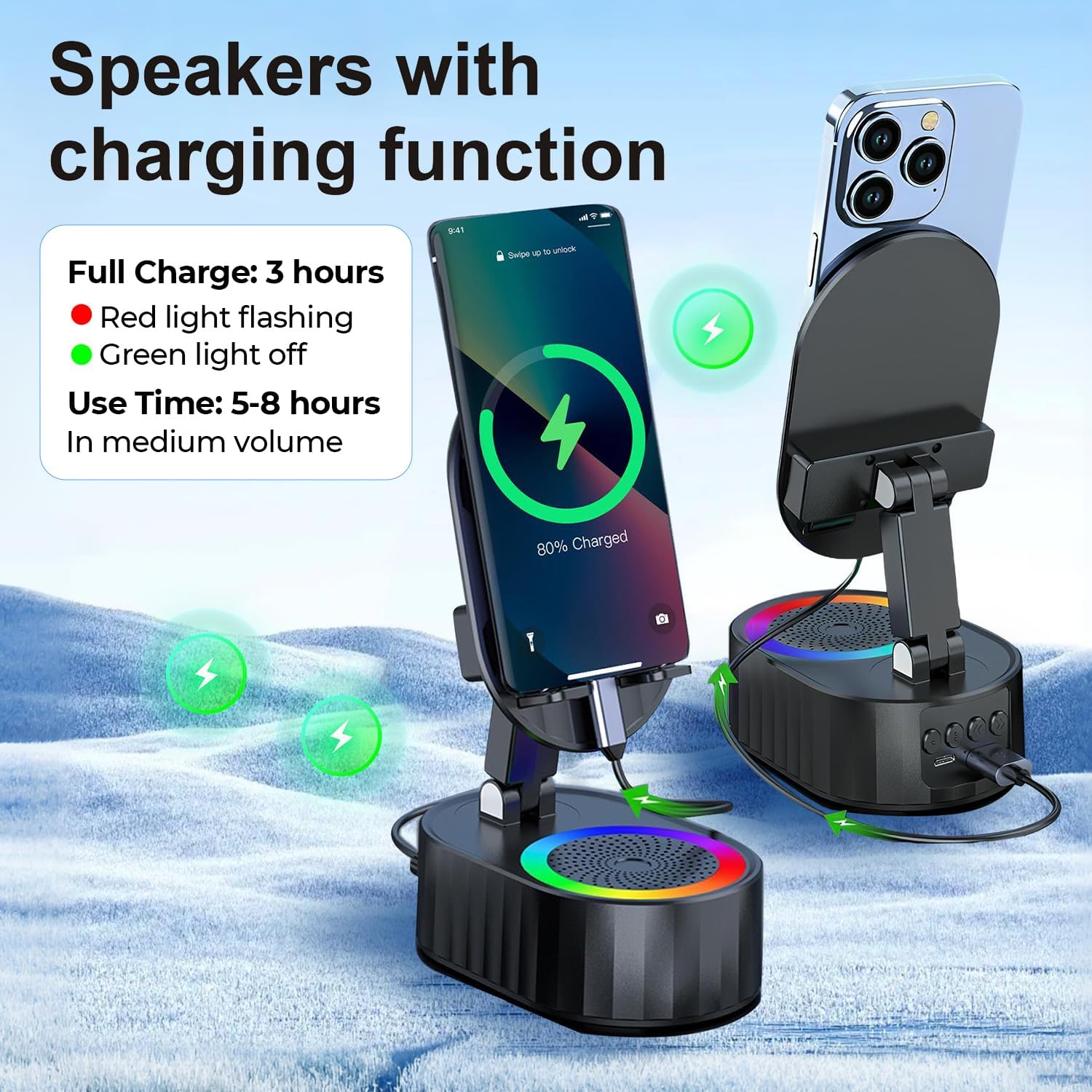 3000mAh Wireless Induction Bluetooth Speaker with Phone Stand, Ambient Light and Emergency Charging